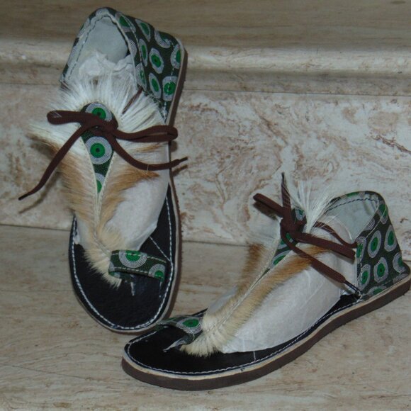 Boho Hippie African Springbok Fur Hide Zulu Imbadada Leather Batik Sandals Women - Picture 4 of 14